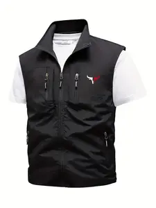 Men's Solid Plain Pocket Zipper Vest Jacket Gilet without Tee, Regular Fit Fitted Casual Sleeveless Collared Outerwear for Spring & Fall, Men's Clothes Tops for Outdoor Activities