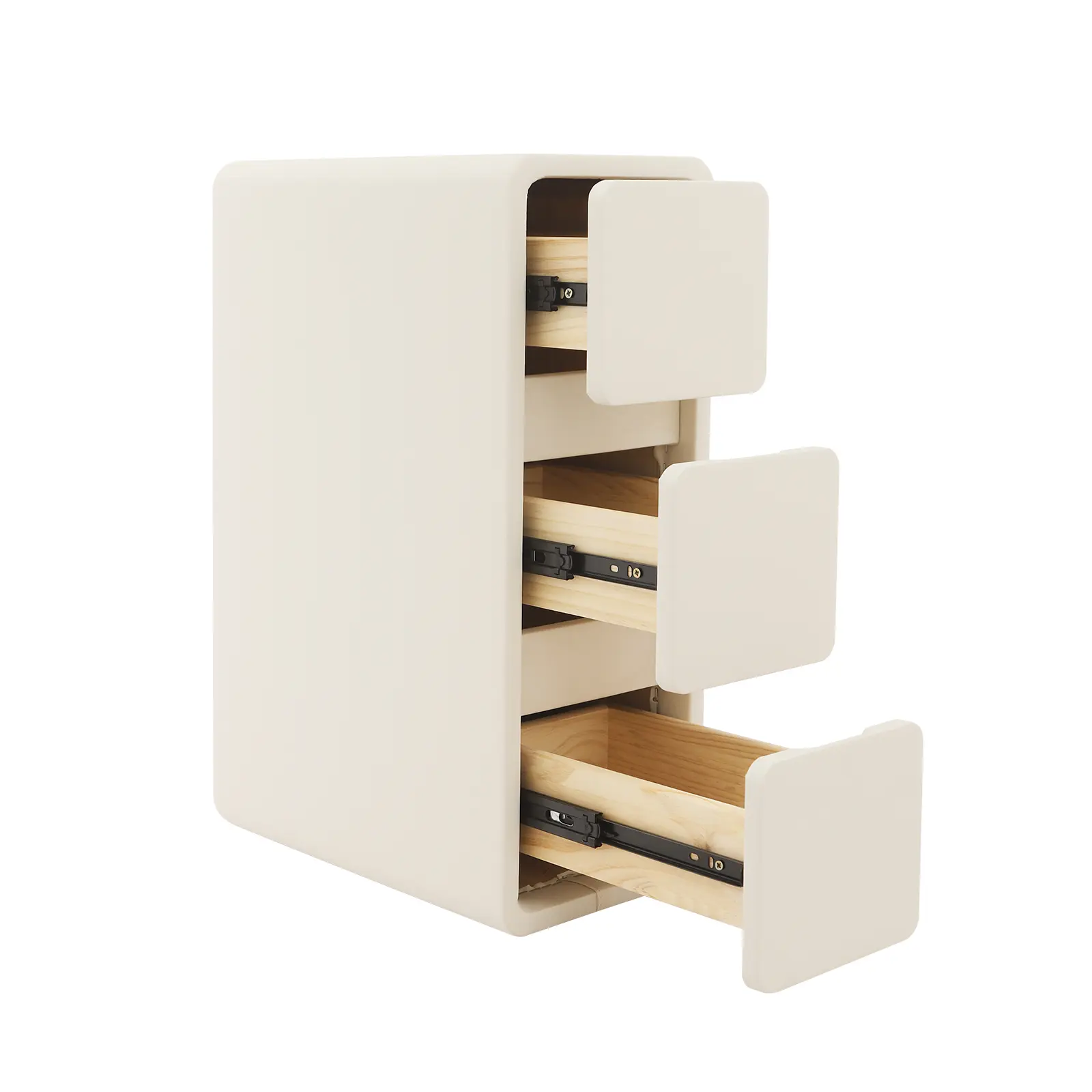 1 Bedside Table, Modern Style, Cream Color Solid Wood High-Density Board, PU Coating, No Assembly Required, 3 Drawers, Floor-Standing, Bedroom Nightstand Storage Cabinet