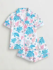 Women's Turtle Print Sleepwear Set, Short Sleeve Button-Up Top & Elastic Shorts, Casual All Seasons Pajamas, Comfortable Home Wear