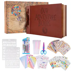 Our Adventure Book Album 11.9x7.6 Inches 80 Pages 3D Vintage Embossed Lettering Leather Hard Cover Wedding Anniversary Gift Travel Diary Scrapbook Travel Souvenir Photo Book Romantic Stickers