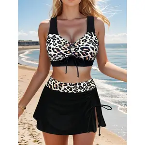 Three-piece Leopard Print Patchwork Lace-up High-waisted Ruffled Two-piece Swimsuit Bikini Slimming Swimwear with Drawstring Design & Quick-dry Fabric Tummy Control V Neck Wrap Swimwear Swimming Sport Clothing Beach SpringStatements