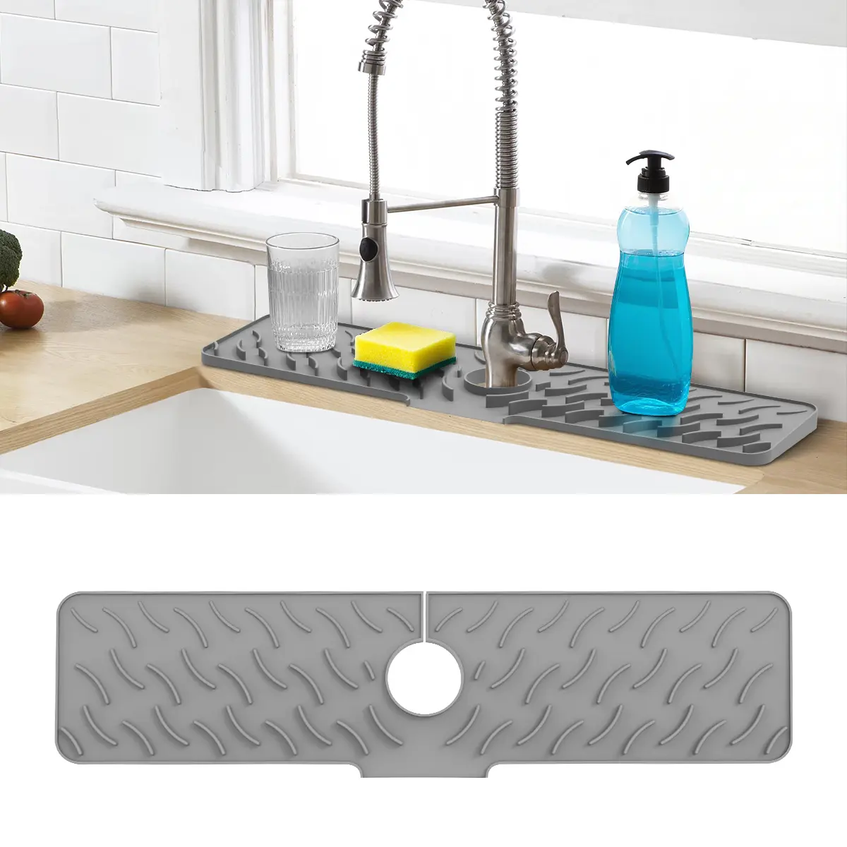 24 Inch Longer Faucet Mat for Kitchen Sink , 2026 Upgraded Premium Silicone Splash Guard with Fast Drying Properties , 7° Slope Fast Self-draining, Protective Sink Tray Ideal for Stone Sinks in Kitchen & Bathroom Grey