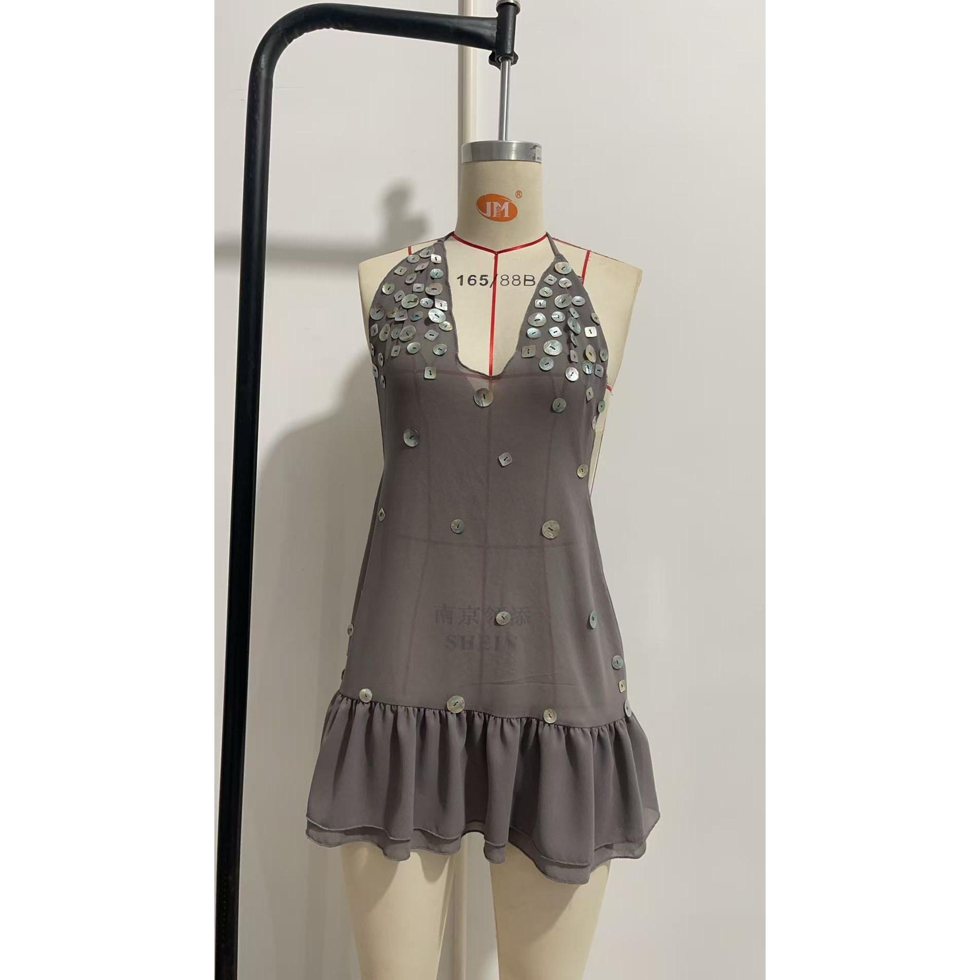 Halter Sequin Vacation Style Backless Waist Trimming Dress