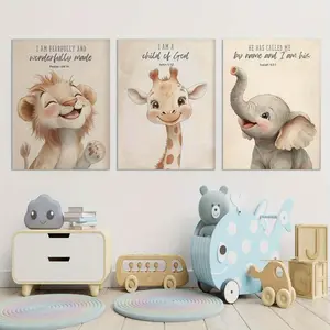 3-Piece Set Cute Wildlife Wall Decor Posters, Lion Elephant Giraffe Simple Minimalist Animal Prints, Kids Room Bedroom Living Room Family Office