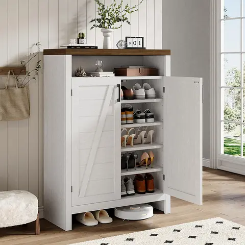 「BlackFriday」ONBRILL 6-Tier Wood Shoe Cabinet with Doors - Farmhouse Durable MDF Furniture, 13.8''d x 31.5''w x 45.3''h, Adjustable Shelves, Thick Legs, Top Panel for Décor, Home Decor, 180° Wide Access, Glasses & Bags Ready, Entryway Organizer