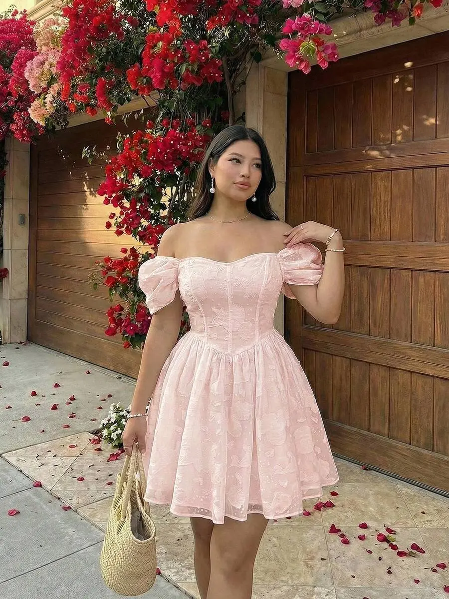 Elegant Plus Size Dress in Pink, Sweetheart Off-Shoulder Polyester Milkmaid Gown with Plant Print for Wedding Guest, Wedding Guest Dresses, Short, Elegant Dresses