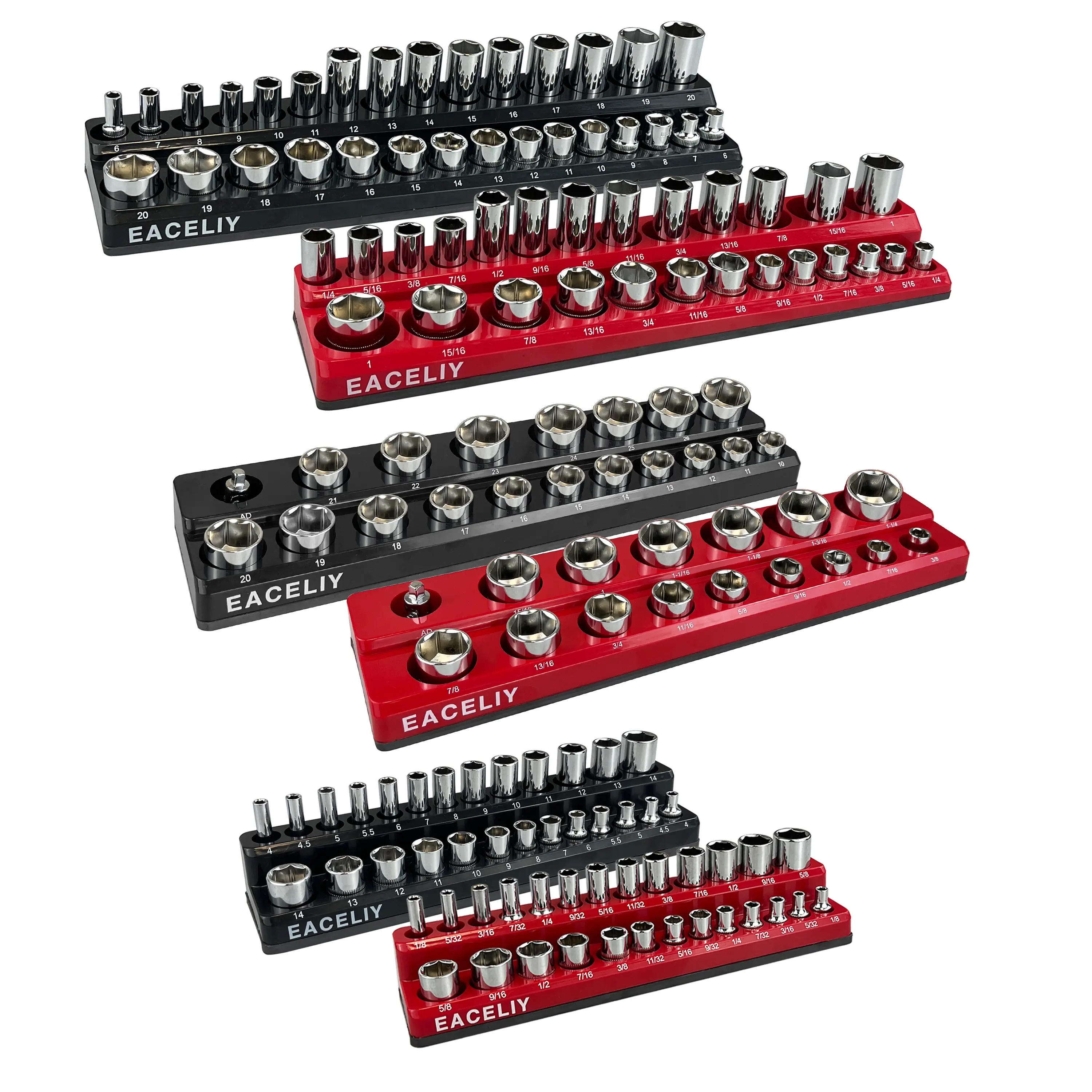 6Pcs Socket Organizer Set, 1/2", 1/4" and 3/8" SAE & Metric Deep & Shallow Socket Holder Kit, Socket Trays，holds 143pcs Sockets (sockets not included)