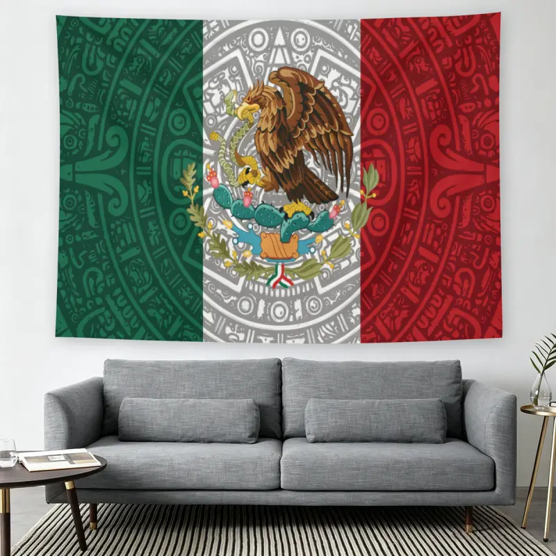 Mexican Flag Aztec Calendar Art Wall Flag, Cultural Heritage Print, Mid-century Modern Black Flash Manga Style, For Adult Fans, Trendy Decor, Decorative Tapestry, Bedroom Living Room Tapestry