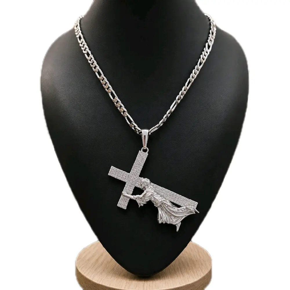 Unisex Silver Figaro Chain & Link Necklace - 55in Cubic Zirconia Cross Pendant Jewelry Set, Casual Elegant Daily Accessory for Personal Use, Unisex Names Silver Chain Jewelry Sets, Long Length, 55 Inches, Zirconia-Embedded