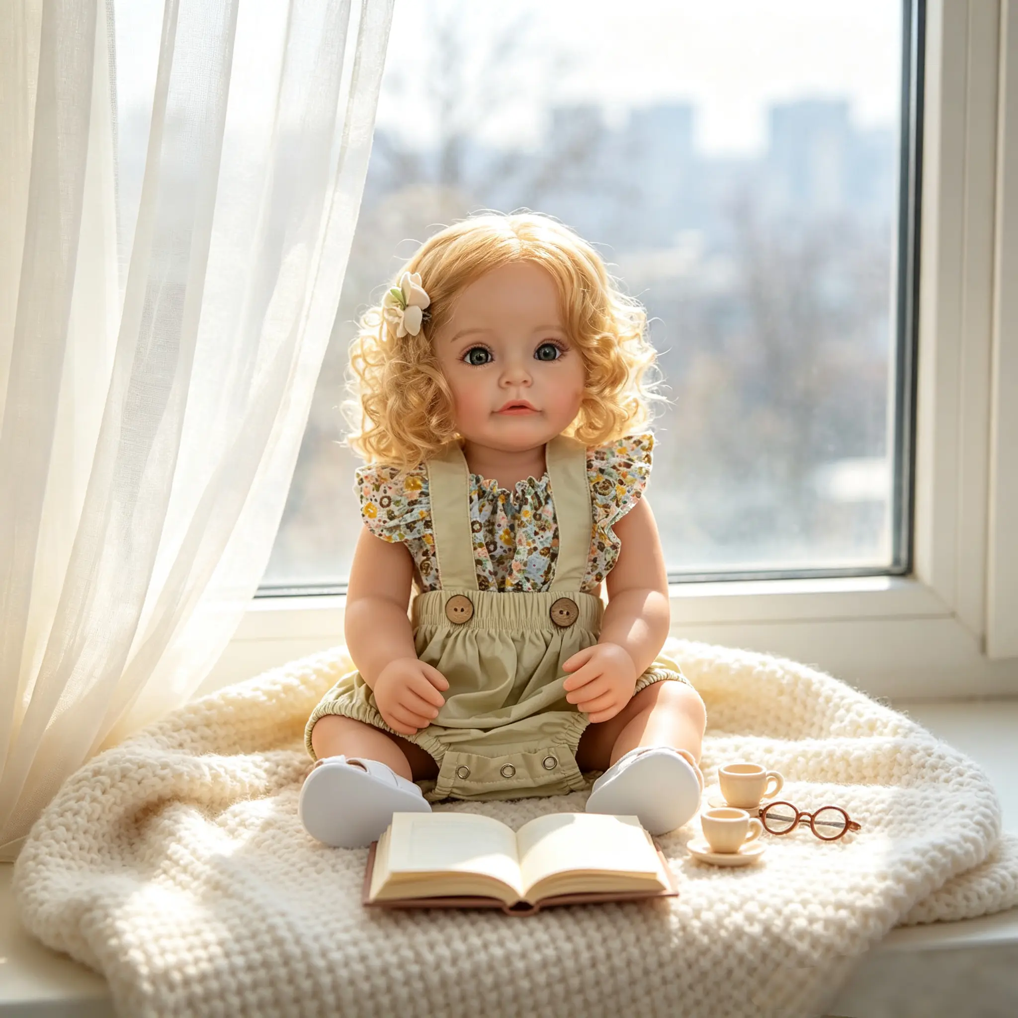 22-Inch Lifelike Reborn Baby Girl Doll with Blonde Curly Hair, Realistic Face, Soft Washable Vinyl Body, Ideal Birthday Gift Ideas for Kids Age 3+