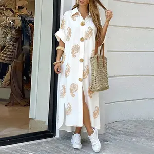 ChicMe Women's Paisley Print Short Sleeve Turn-down Collar Shirt Dress Casual Button Details Loose Fit Midi Dress/Summer Dress