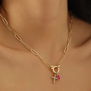 Pavé Zircon Cross Birthstone Necklace Charm Personalized Birthstones Stainless steel Paperclip Necklace Custom Birthstone Charm Pendant Mother's Day Gift for Wife Women Jewelry