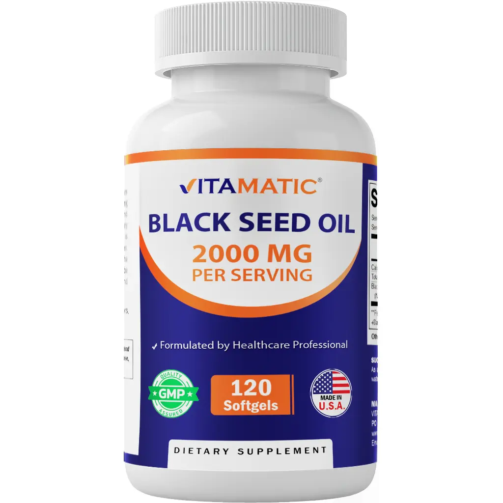Vitamatic Cold-Pressed Black Seed Oil Softgel Capsules - Sugar Free Black Seeds Vitamins Supplements, 2000mg per Serving, 120 Count, Min 0.95% Thymoquinone, Immune & Youth Support, Essential Nutrients, Made in USA