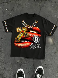 American Dark High Street Lip Gem Cross Short Sleeve Men's T-Shirt, Trendy Rhinestone Necklace Print Loose Fit Oversize Streetwear Top