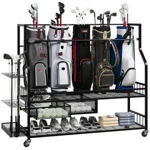 Garvee Heavy Duty Golf Bag Organizer with Wheels and 2 Drawers, Metal Storage Rack for 4 Golf Bags and 24 Clubs, Durable Garage Stand for Golf Equipment