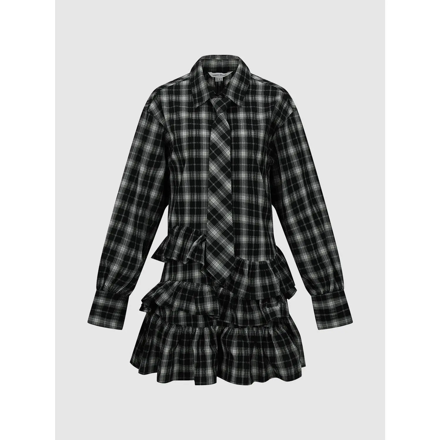 URBAN REVIVO Women's Preppy Gingham Cotton Midi Dress, Long-Sleeve A-Line with a Tiered Skirt and Frilled Trim, Checkered Print, Ready To Wear, Going Out