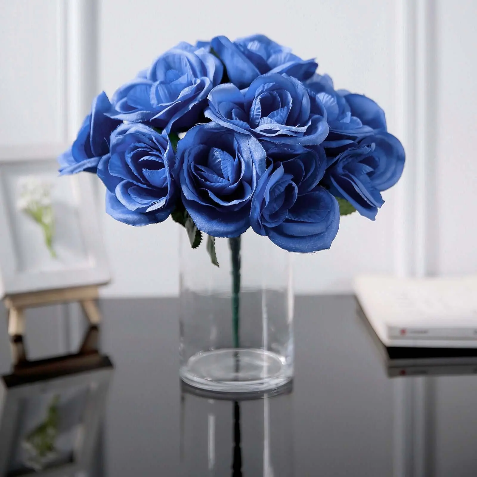 12" Royal Blue Velvet-Like Artificial Rose Bouquet, Decorative Floral Arrangement