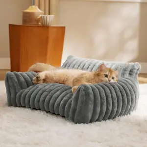 Cute Cat Couch for Pets - Fluffy Cat Sofa with Premium Soft Corduroy Fleece, Fuzzy Pet Couch Bed with Removable Washable Cover, Supportive Pet Chair for Indoor Cats, 24inch, Warm Grey