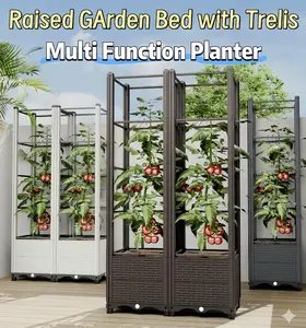 Raised Garden Bed with Trellis, Outdoor Planter Box with Climbing Stand for Vegetables, Flowers & Herbs, Durable Plastic Frame & Rattan Look, Elevated Planter with Drainage for Patio, Backyard, Deck, Garden Decor, Brown