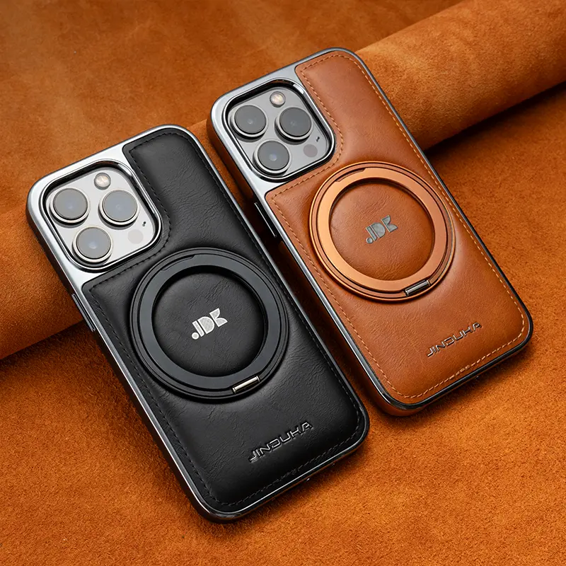 Luxury Leather for Magsafe Ring Stand Holder Case for iPhone 17 16 15 Pro Max 14 Plus Wireless Charge Magnetic Shockproof Cover