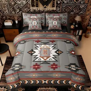 Feelyou 7-Piece Western Comforter Set - Breathable Bed-in-a-Bag with Soft Texture, Bohemian Look, Geometric Print, Aztec Tribal Arrow Design, Multi-Size, Machine-Washable Grey Bedding and Sheet Set