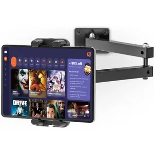 SQ-CPS002 Foldable Tablet Wall Mount, Sturdy Metal Base, 360° Rotation Tablet Holder Stand with 2-Stage Extendable Arm, Kitchen Wall Mount Bracket Holder for All 4.7-12.9 Inch Tablets