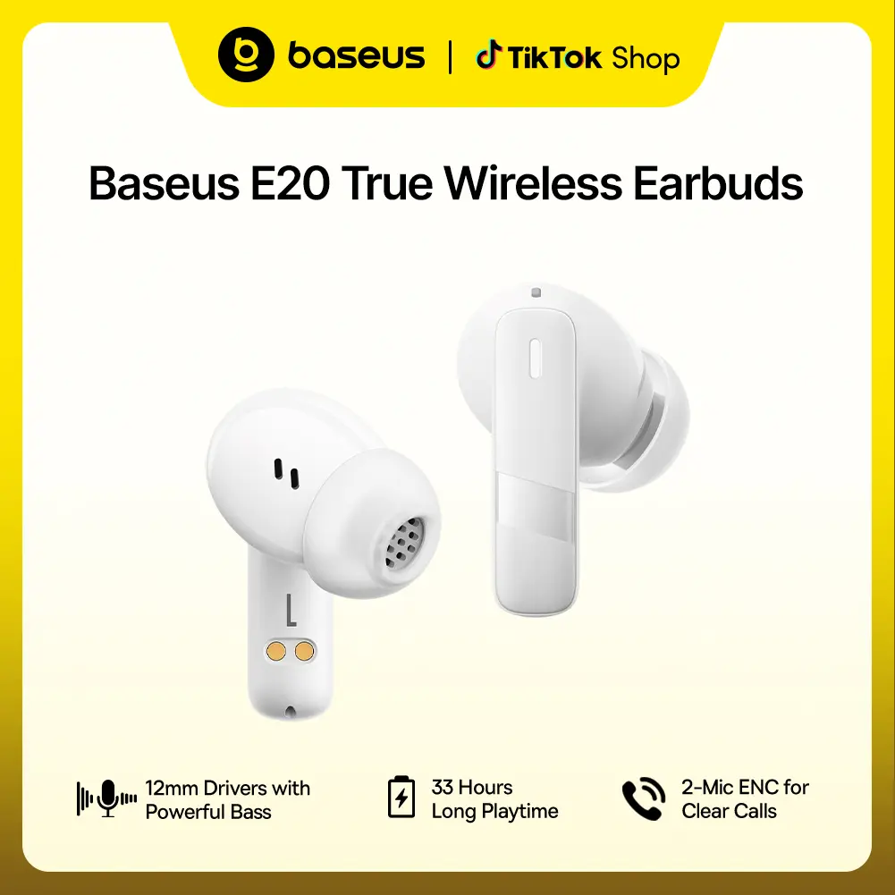 Baseus E20 True Wireless Bluetooth Earbuds - 12mm Drivers for Powerful Bass, 33H Long Playtime, IPX5 Rated, 2 ENC Mics for Distinct Calls, Bluetooth 5.3 Headphones