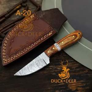 5.75" Mini Damascus Steel Fixed-Blade Knife - Non-Slip Wood Handle, Durable Leather Sheath, Camping Survival Skinning Tool, Gift for Husband (Anniversary, Birthday, Christmas, Father's Day)