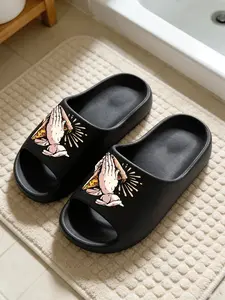 Praying Hands Pizza Thick-Soled Slippers, Funny Food Meme Cloud Cushion Non-Slip Slides, Indoor/Outdoor Couple Sandals