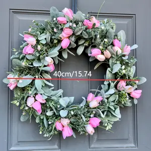 Country Farmhouse Style Spring Wreath, Light Tulips with Soft Lamb's Ear, All-Season Porch and Entrance Decoration