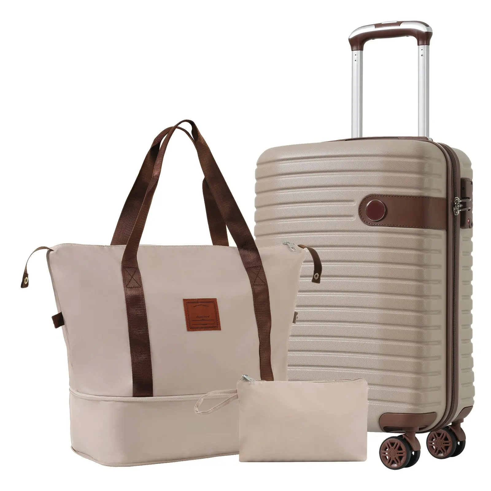 Khaki 3-Piece Lightweight ABS Hardshell Carry-On Luggage Set - Airline-Approved 22x14x9 & 20-Inch 4-Wheel Suitcases, TSA Lock, Zipper Closure, Durable, Expanding, Impact-Resistant, Carry-On Luggage Sets, Durable Luggage Sets