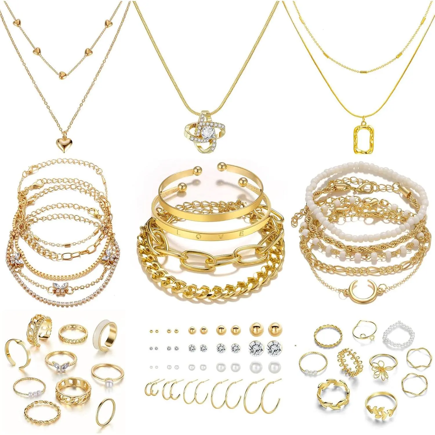 36 PCS Gold Plated Jewelry Set for Mother's Day Gifts - 4 Necklaces, 11 Bracelets, 7 Ear Cuffs, 14 Knuckle Rings | Perfect Gift for Mom, Women, Girls (Valentine/Anniversary/Birthday)