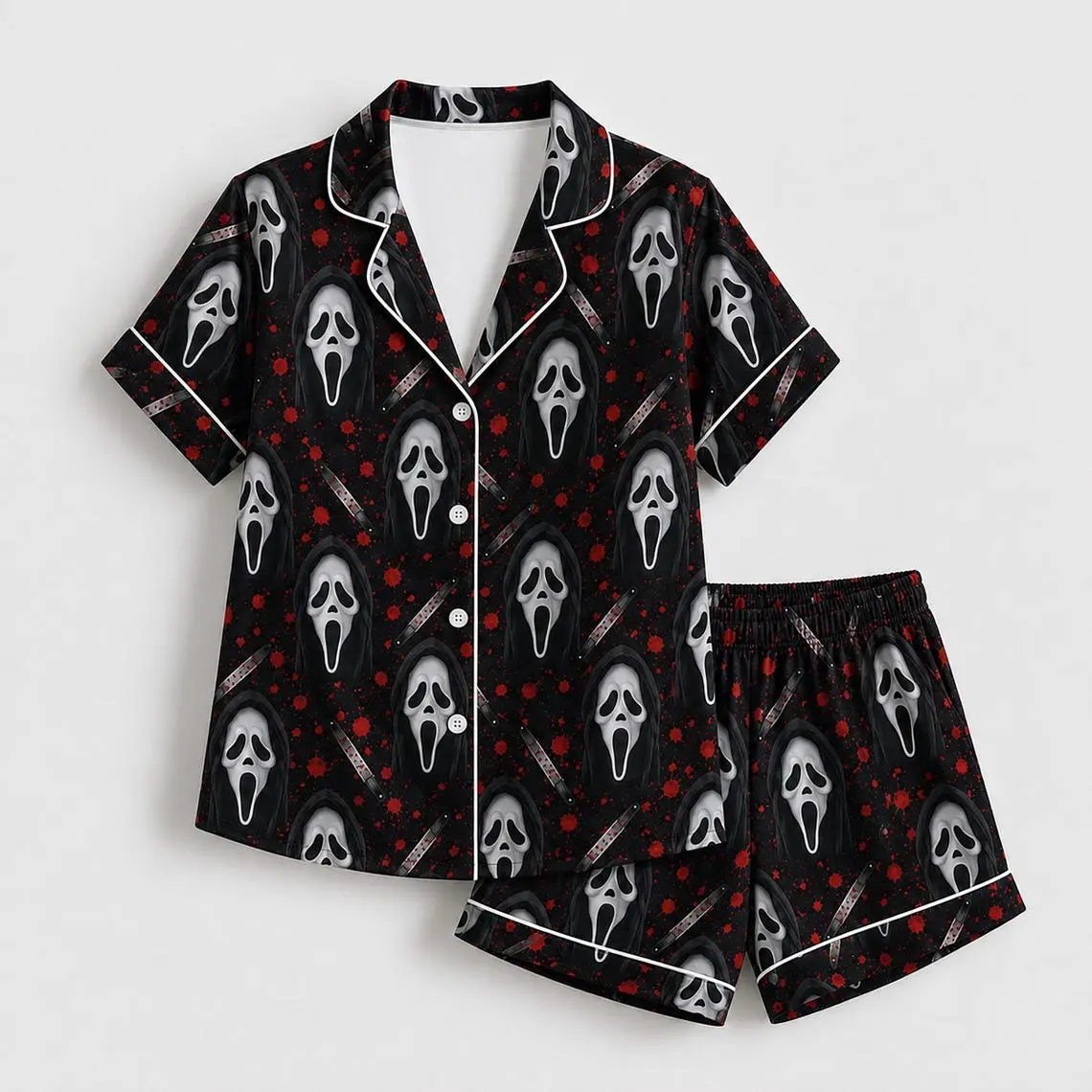 Ghostface Horror Satin Pajama Set with Bloody Knife and Spooky Slasher Pattern for Halloween Sleepwear, Gothic Lounge Outfit for Horror Fans, Cozy Nightwear and Holiday Gifts