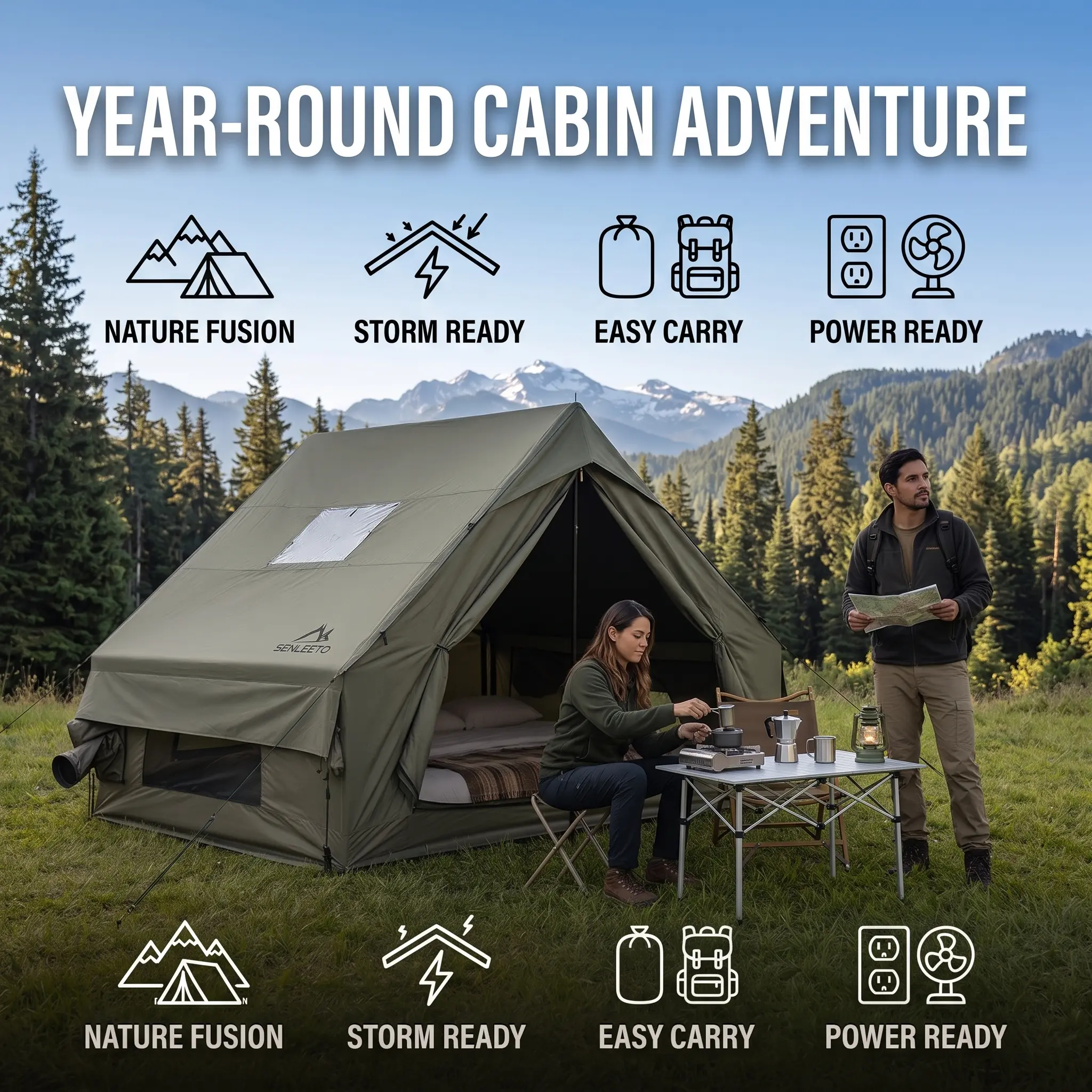 SENLEETO 1-3 Person Luxury Large Space Inflatable Glamping Tent - Warm Oxford Fabric, Stove Jack, AC Port, Awning, Rainfly, 5-Min Easy Setup, Waterproof Cabin Tent for Family Camping,  Inflatable Tent