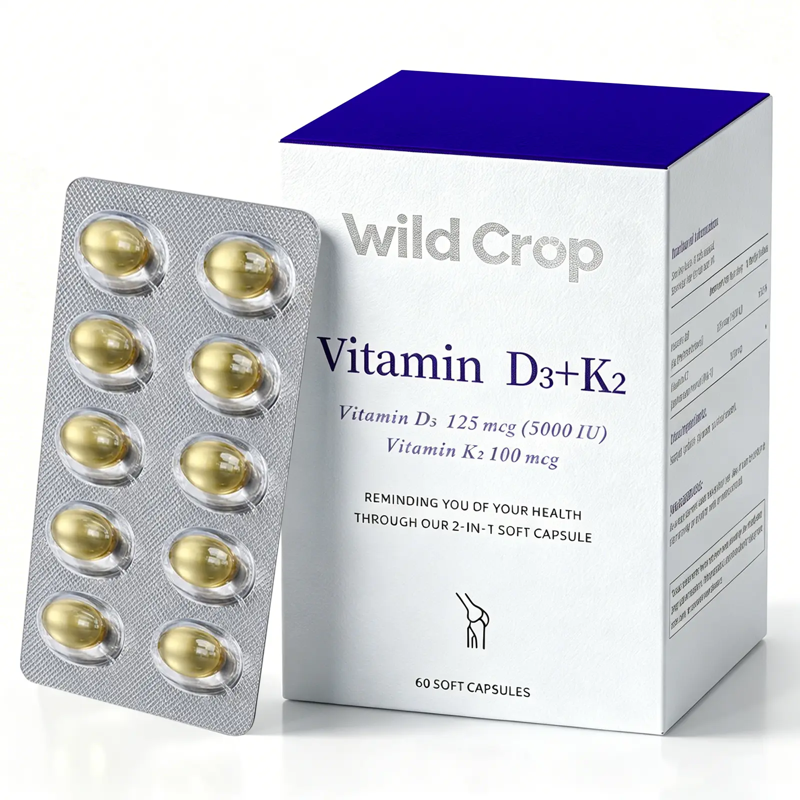 Wild crop Vitamin D3 + K2, Vitamin D (D3) 5000 IU (125 mcg) & K2(MK-7) 100 mcg, Synergistic Support for Bones, Immune Function & Calcium Balance, Non-GMO, 60 Soft Healthcare Dietary Edible Supplement Fitness
