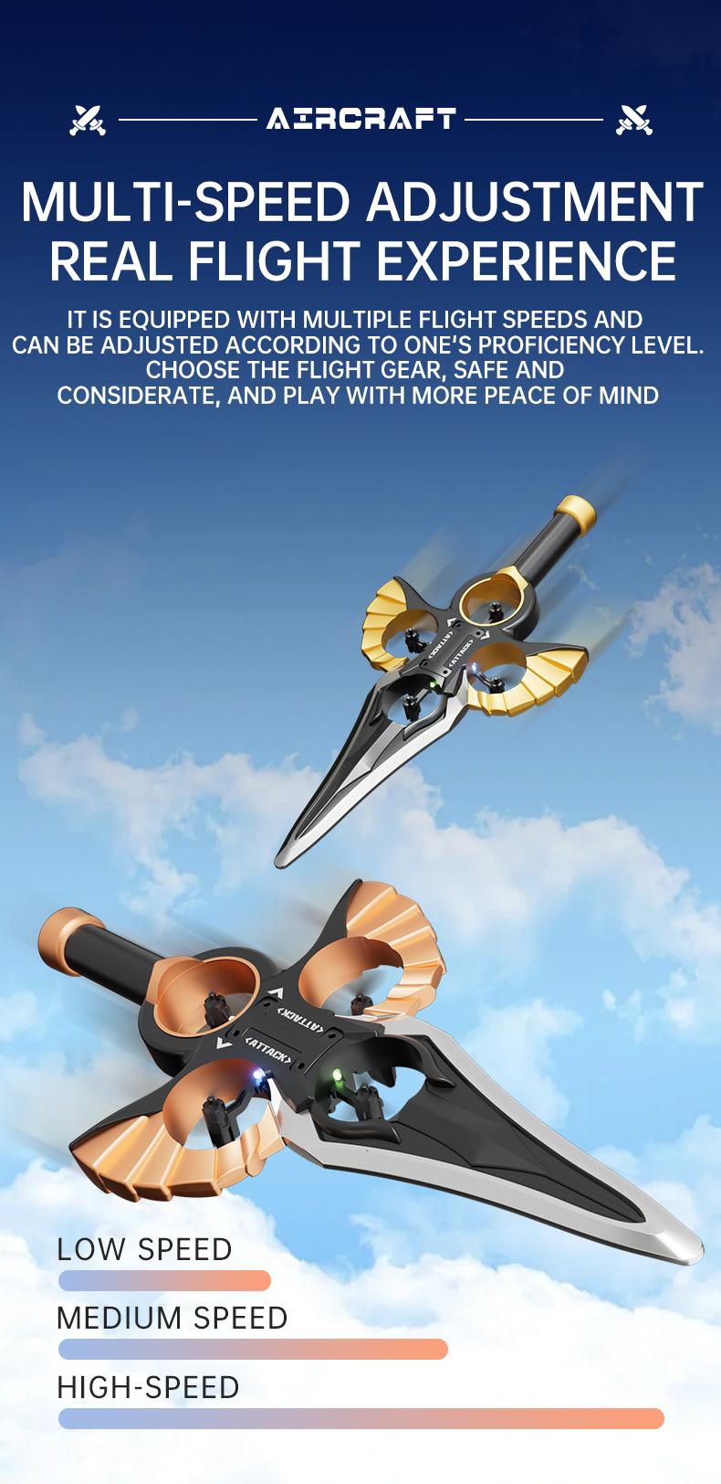 Flying Sword Drone Children's Toy- 2.4GRemote Control Foam Model AirplaneSwordhilt Design with One-Button Rotation &Barometric Lift Christmas