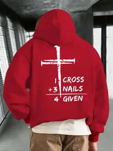 Men's Letter Print Hooded Sweatshirt, Casual Fitted Thick Fabric Pullover, Fall & Winter Outdoor Wear, Unisex Fashion Top, Cross Print Hoodie