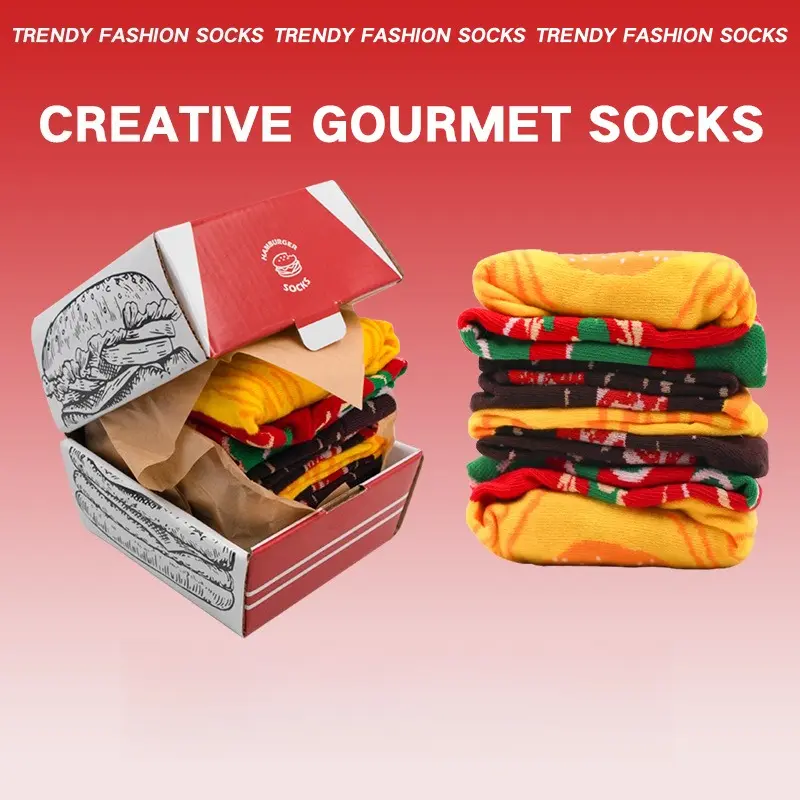 Hamburger Boxed Socks - Fun Christmas/ Birthday Gifts, Cozy Cotton Crew Socks for Couples, Novelty Fast Food Themed Gift