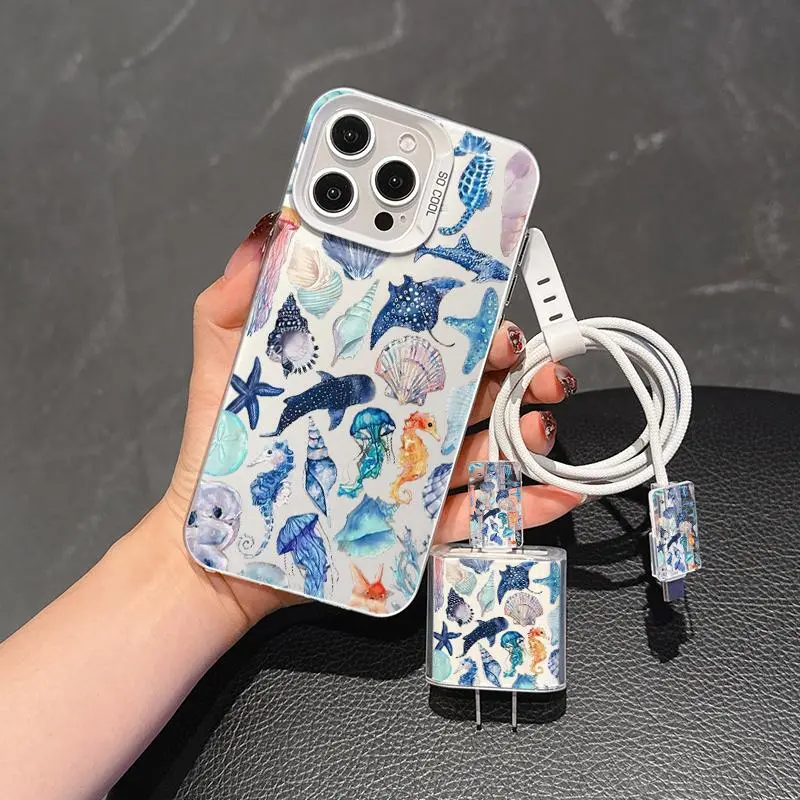 5-Piece Silver Color Summer Whale Shell Seahorse Pattern Phone Case Set, Includes Charger Cap, Cable Protector, Storage Strap, TPU Anti-Drop Case for iPhone Models 6 to 16 Pro Max