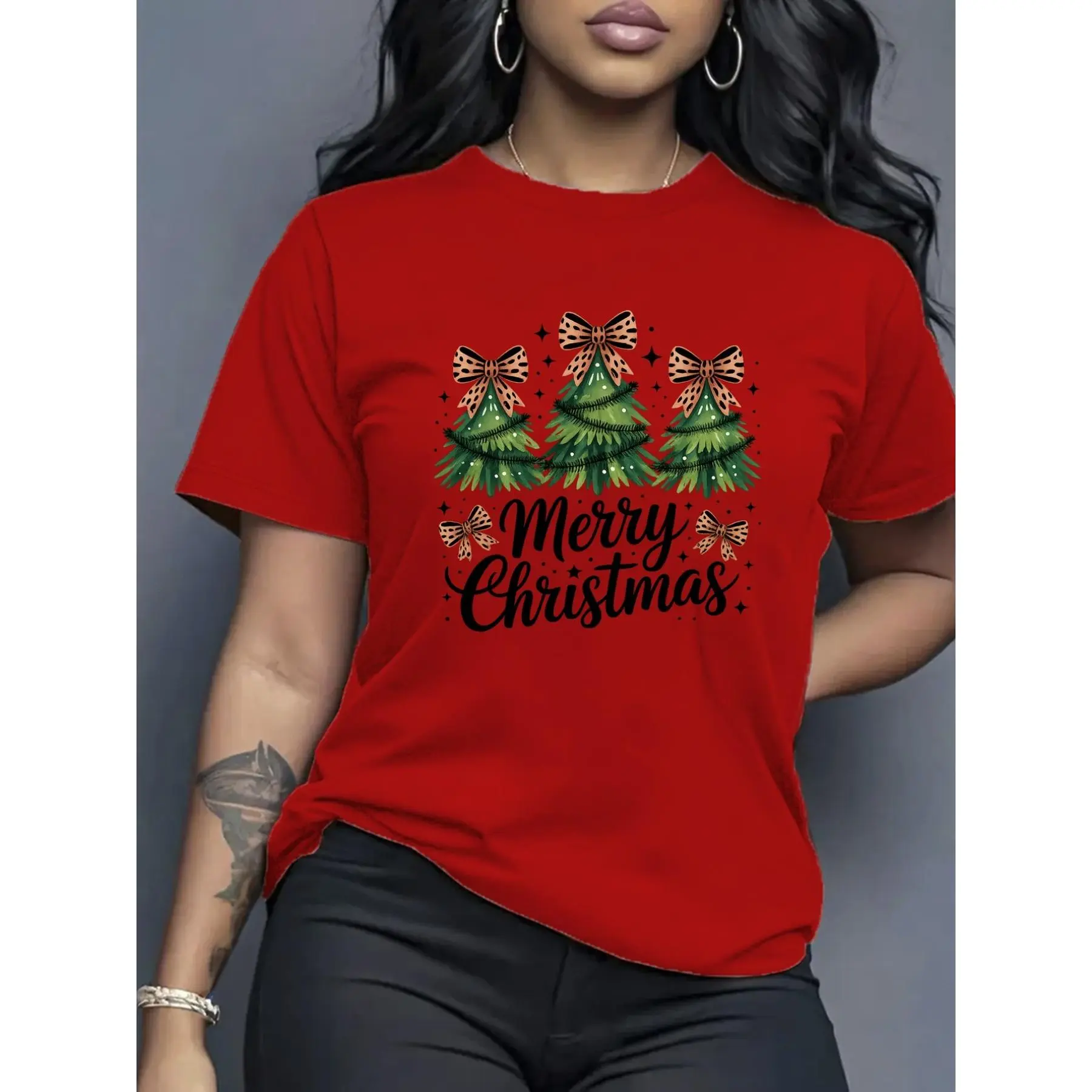 Women's Red Christmas Letter Print T-Shirt with Merry Christmas Lettering & Snowflake Bow Design - Soft Breathable 100% Casual Round Neck Short Sleeve Top for Holiday Parties, Casual Attire & Summer Outfits - Festive Casual Elegant Style