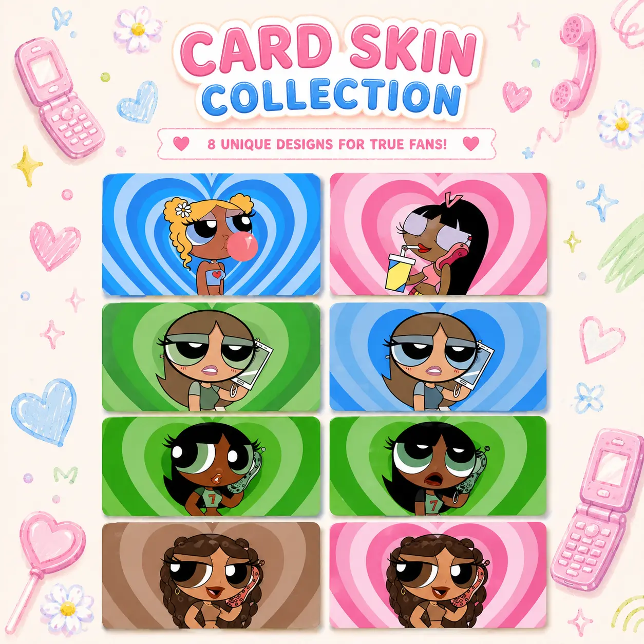 Powerpuff Girls Card Skin Set, Cute Credit Card Skin Cover, Retro Cartoon Wallet Sticker, Y2K Kawaii Gift