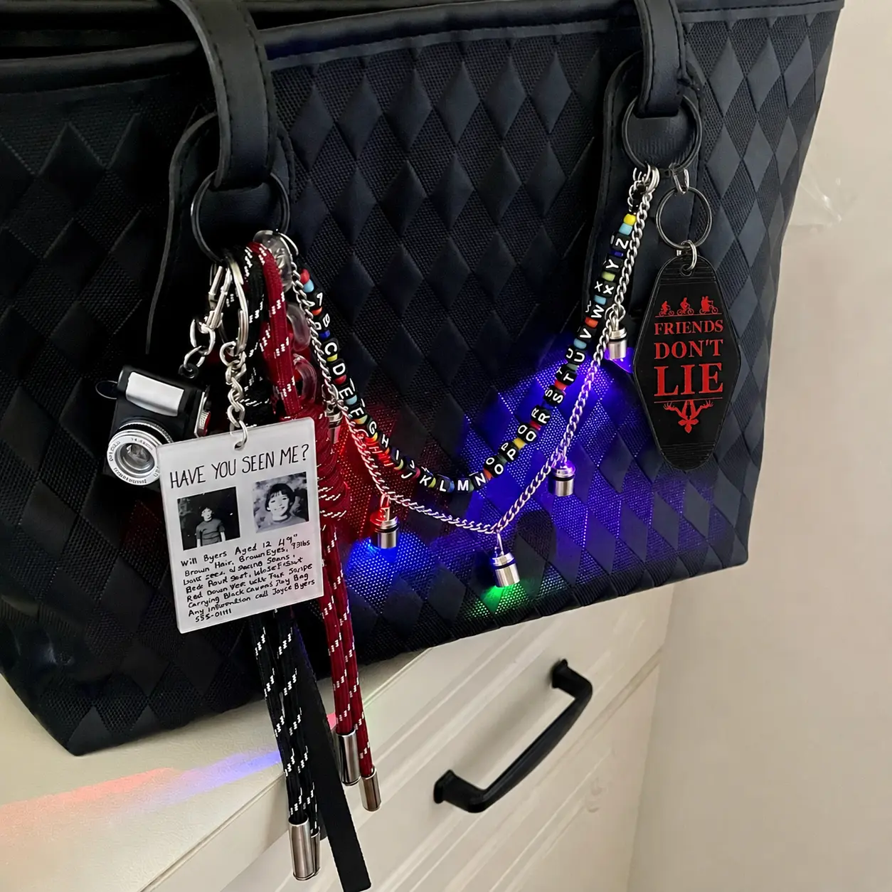 Handmade Light-Up Alphabet Backpack Charm - Plastic Bag Accessory with Flash Camera, Stranger Things Key Tag, Ideal Graduation & Holiday Gift
