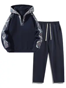 Men's Plain Two-piece Sweatsuit Set, Basic Regular Fit Casual Drop Shoulder Half Zip Zippers Long Sleeves Fitted Hoodie & Pocket Drawstring Elastic Sweatpants, Men's Clothing