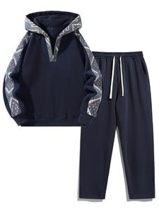 men's plain two-piece sweatsuit set, basic regular fit casual drop shoulder half zip hoodie & pocket drawstring sweatpants, men's clothing