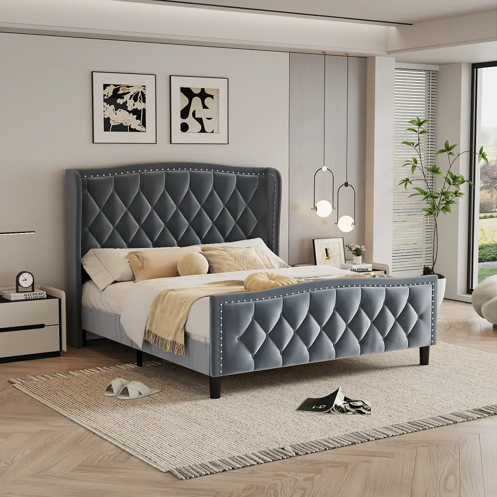 Full/Queen Size Bed Frame, Modern Upholstered Platform Bed with Wingback Headboard, Velvet Bed Frame with Wood Slat Support, Gray/White/Blue