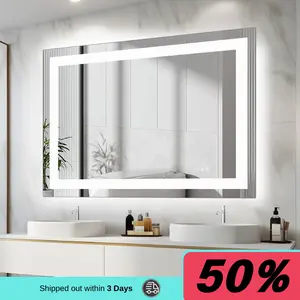 36x48 LED Bathroom Mirror, Backlit + Front Lit, LED Bathroom Mirror with Lights for Wall, 3 Colors, Anti-Fog, Dimmable Brightness, Memory Function, Tempered Glass Anti-fog LED Bathroom Mirror with Dual Light Source and Three Lighting Modes