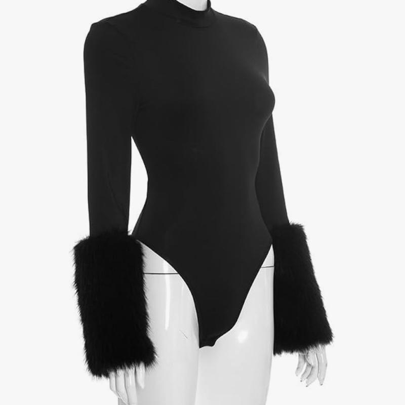 Half Turtleneck Fur Patch Bodysuit - Black Long Sleeve Faux Fur Trim Women's Fashion
