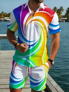 Men's multi-color vortex pattern shirt and shorts set, lightweight polyester fiber beachwear, suitable for outdoor activities, with bright rainbow pattern design, comfortable and durable summer pool or vacation wear