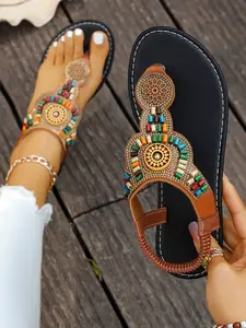 Women's Rhinestone Sandals, Retro Thick Sole Flip Flops, Boho Style Open Toe Beach Shoes, Comfortable Summer Footwear for Women