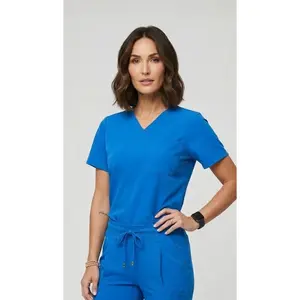 Women's Cobalt Blue V-Neck Scrub Top - Fitted Polyester Spandex, Comfortable Fit, Medium Size, Essential Womenswear Clothing